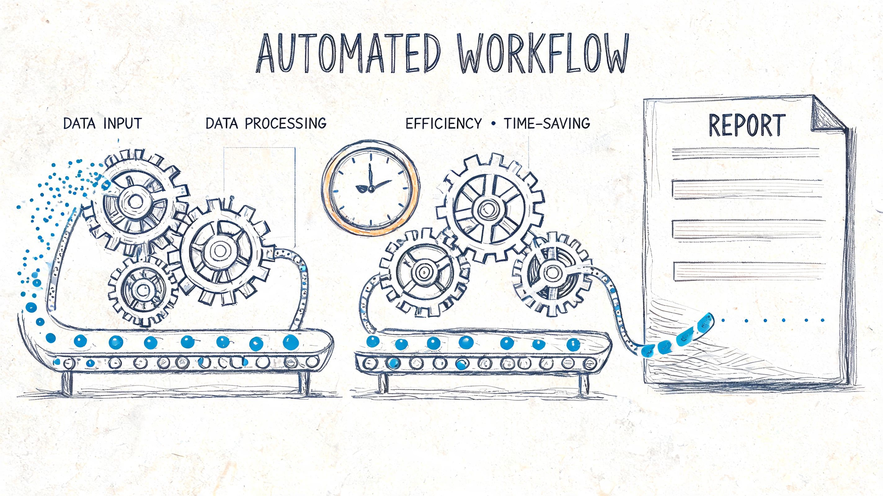 A hand-drawn illustration showing an automated workflow transforming data input through gears into a finished report.