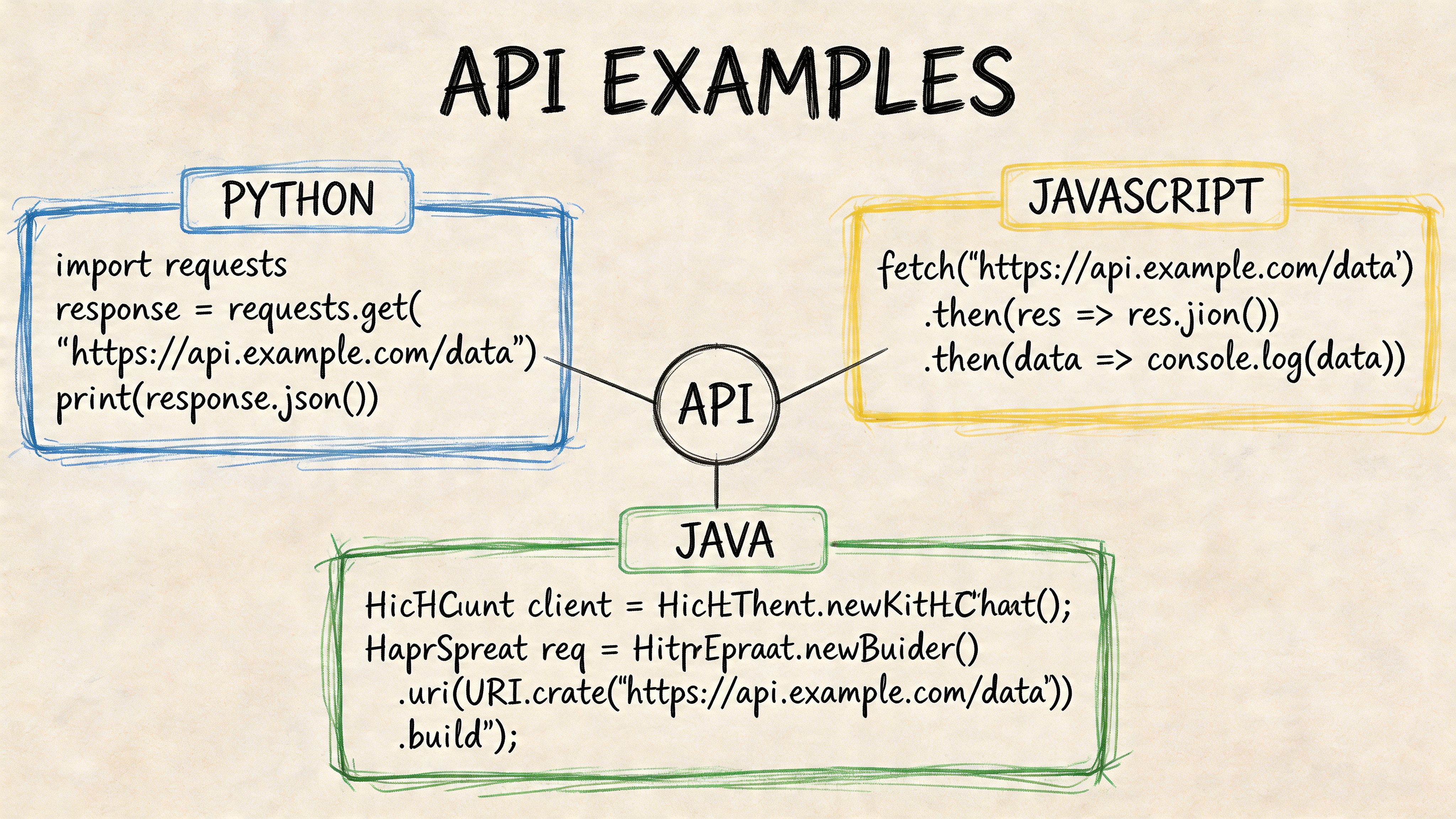 A diagram comparing API connection code examples written in Python, JavaScript, and Java programming languages.