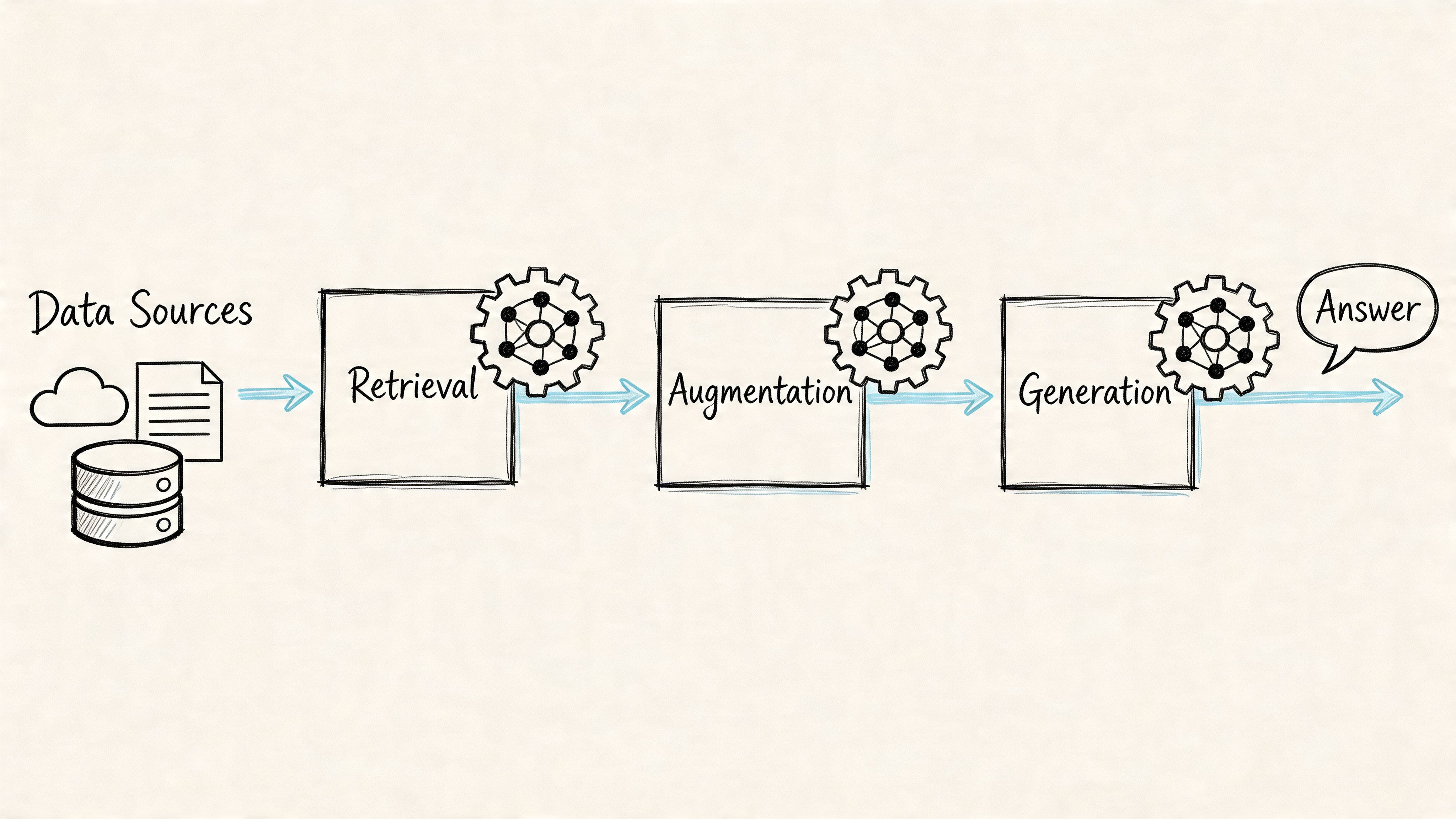 A hand-drawn process diagram showing the retrieval, augmentation, and generation steps of a generative AI pipeline.