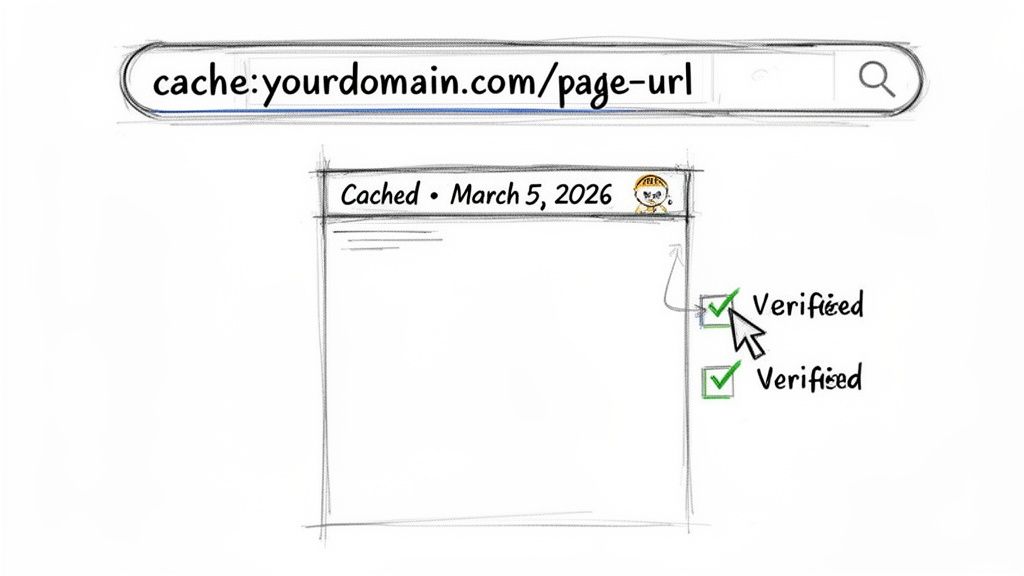 Illustration demonstrating a Google cache search for a webpage, showing cached date and verified status.