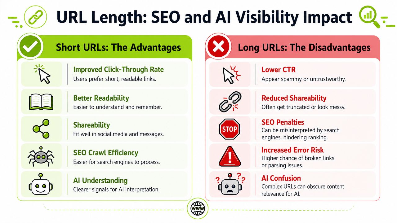 A comparative infographic illustrating the SEO and AI visibility advantages of short URLs versus long URLs.