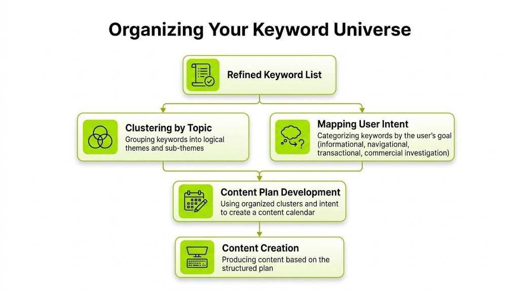 A flowchart showing the process of organizing keywords into clusters and mapping them to user intent.