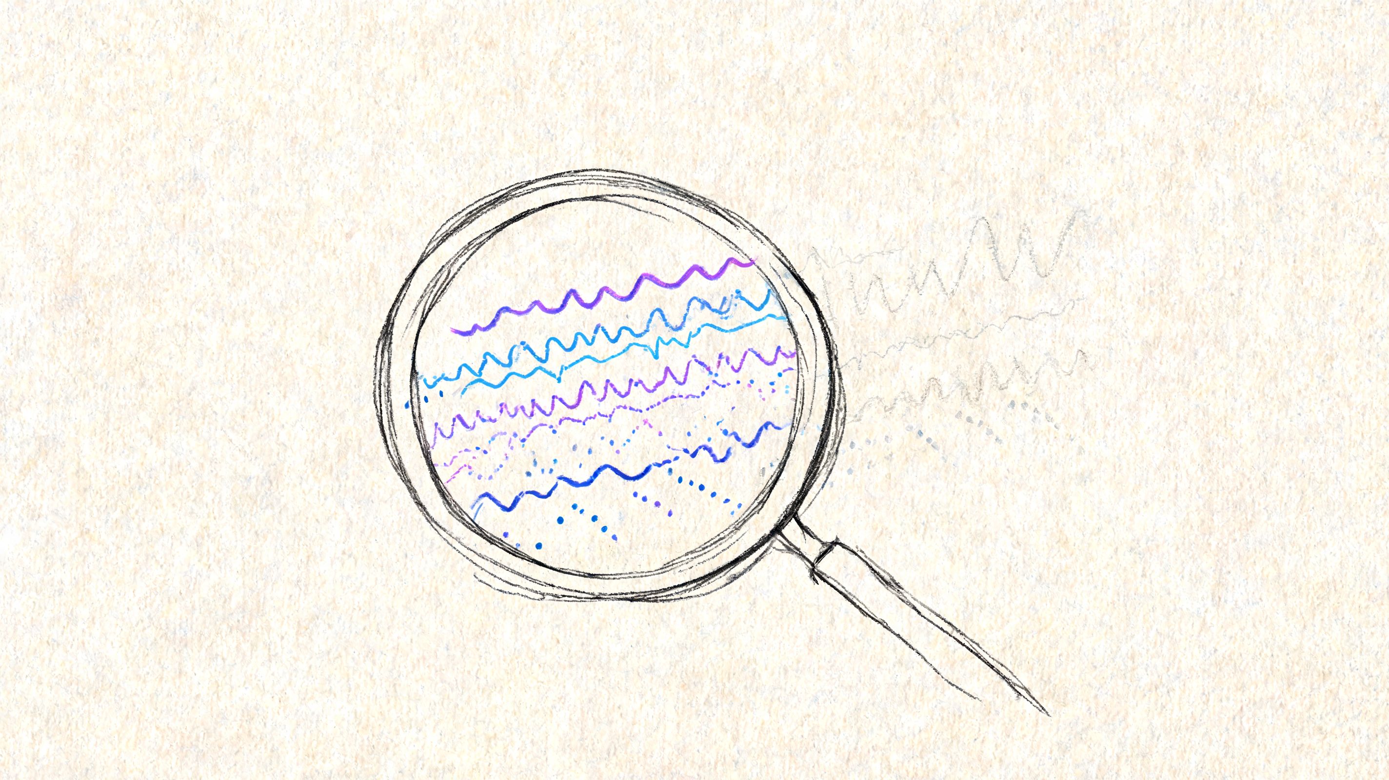 A hand-drawn sketch of a magnifying glass inspecting colorful abstract wavy lines on textured paper.