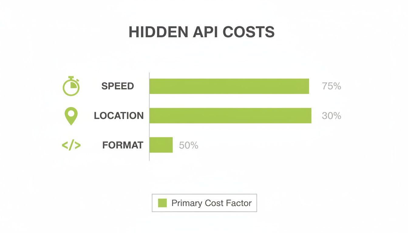Bar chart visualizing hidden API costs: Speed is 75%, Location is 30%, and Format is 50%.