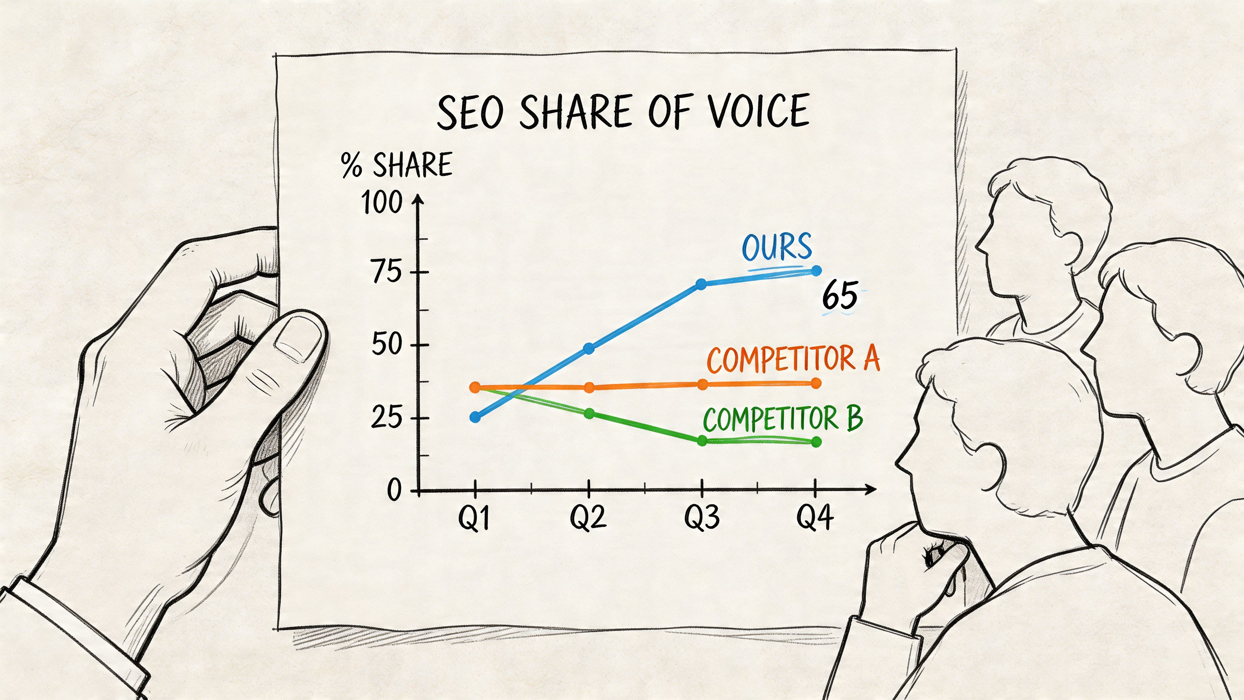 A hand holds a sketch chart showing SEO share of voice growth compared to two competitors over four quarters.