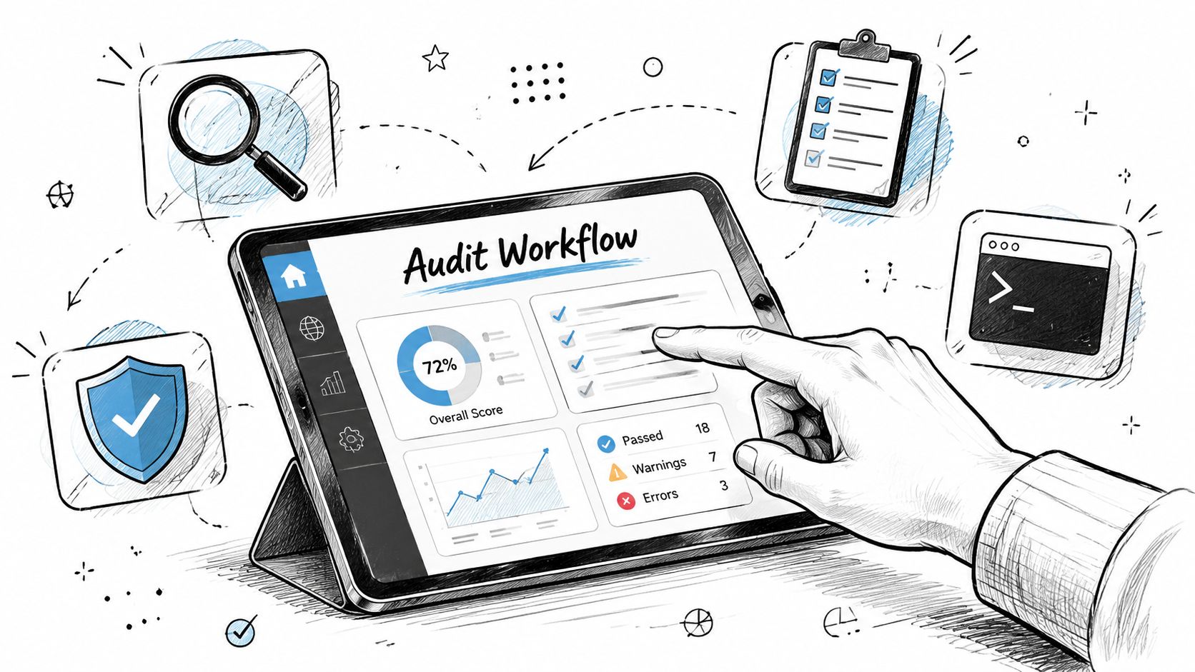 A digital tablet displaying an audit workflow dashboard with charts, checklists, and summary statistics being touched.