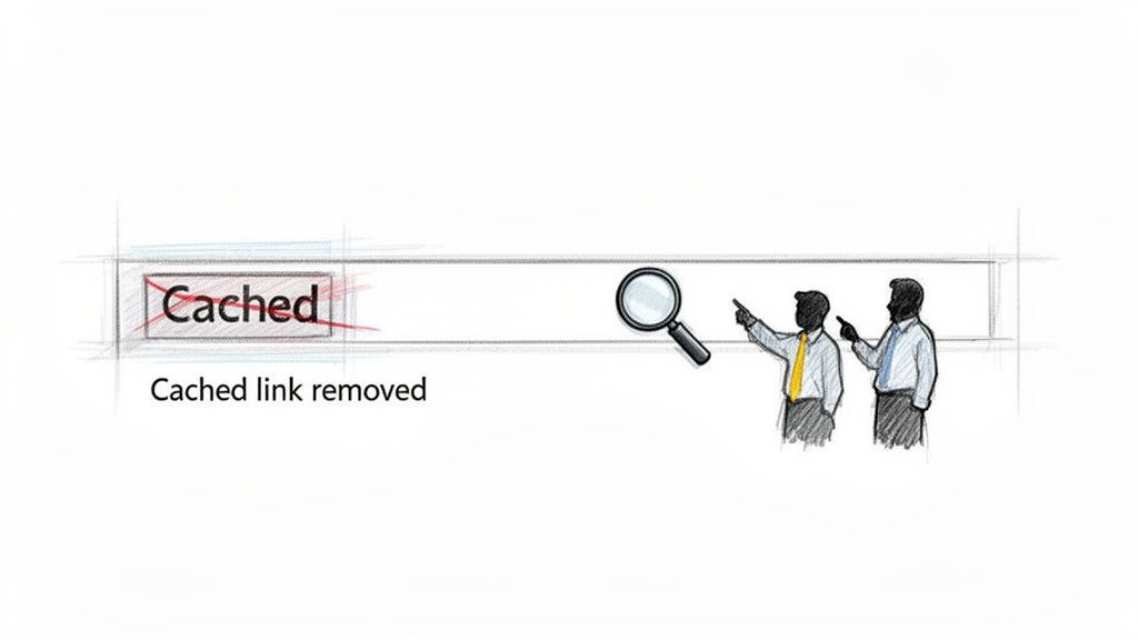 Hand-drawn illustration showing 'Cached' text crossed out in a search bar, with two men pointing.