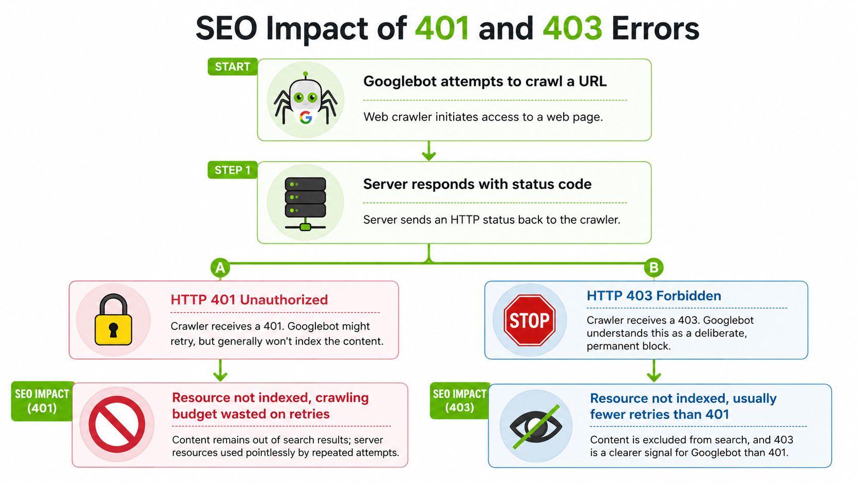 A flowchart explaining how Googlebot processes HTTP 401 and 403 errors and their impact on SEO.