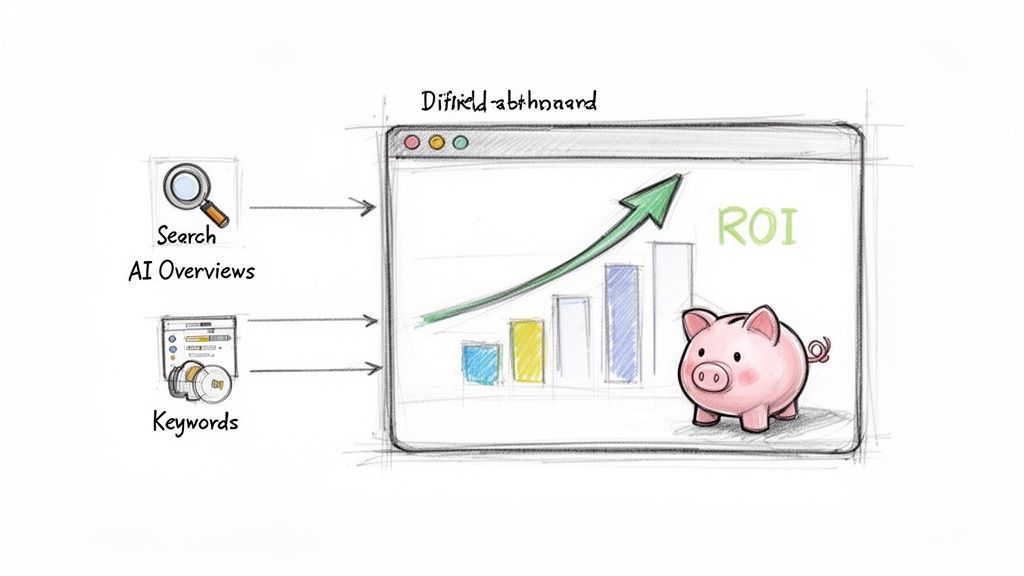 Diagram showing search AI overviews and keywords driving growth and ROI, represented by a dashboard and a piggy bank.