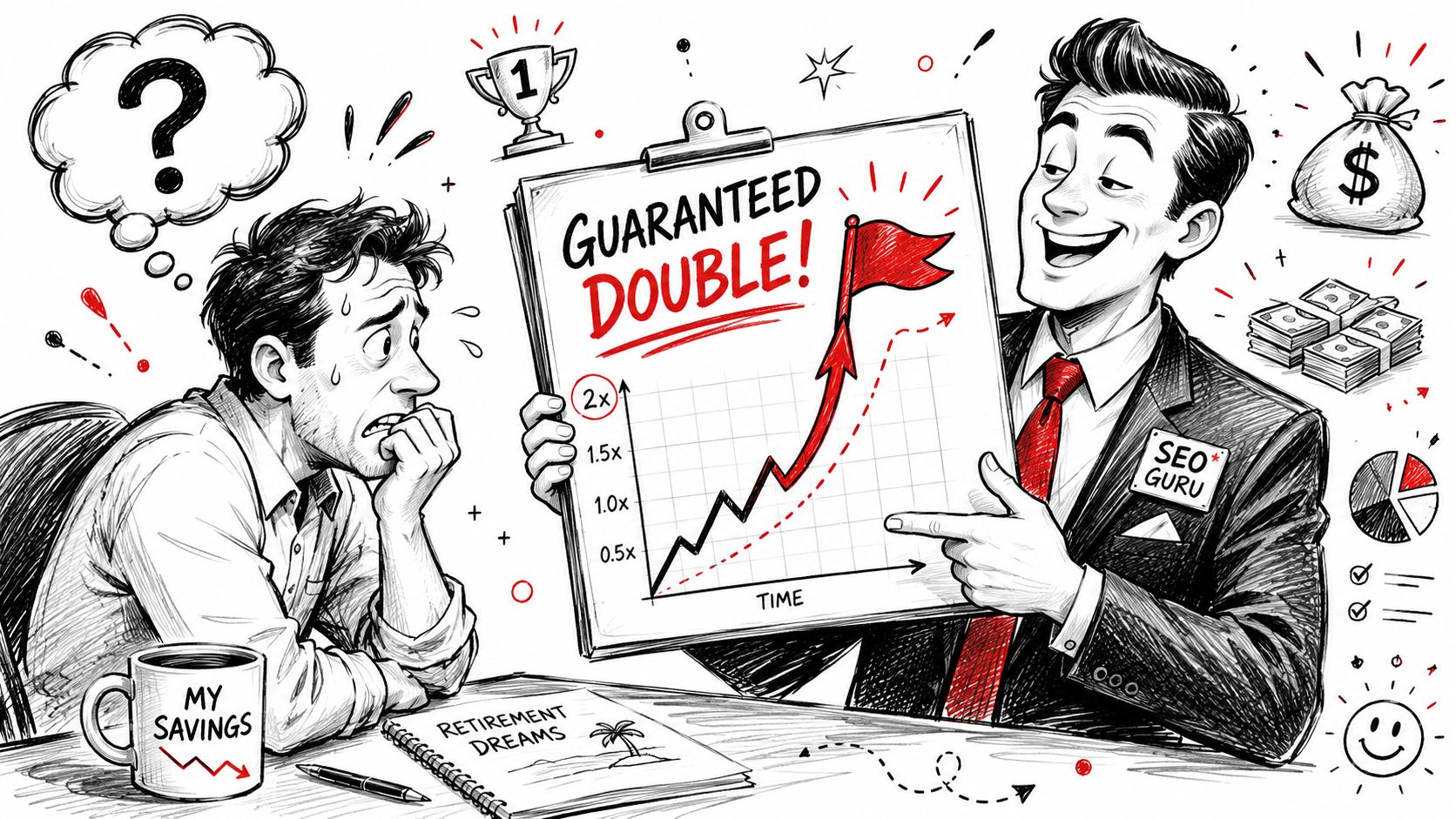 A concerned client looks at a salesman pointing to a chart promising a guaranteed double return investment.