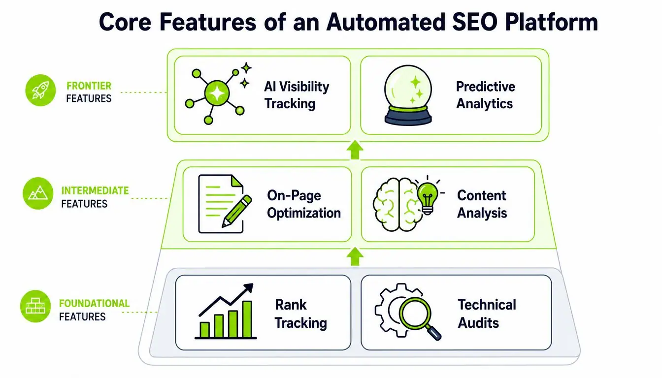 A hierarchical pyramid chart outlining the foundational, intermediate, and frontier core features of an automated SEO platform.
