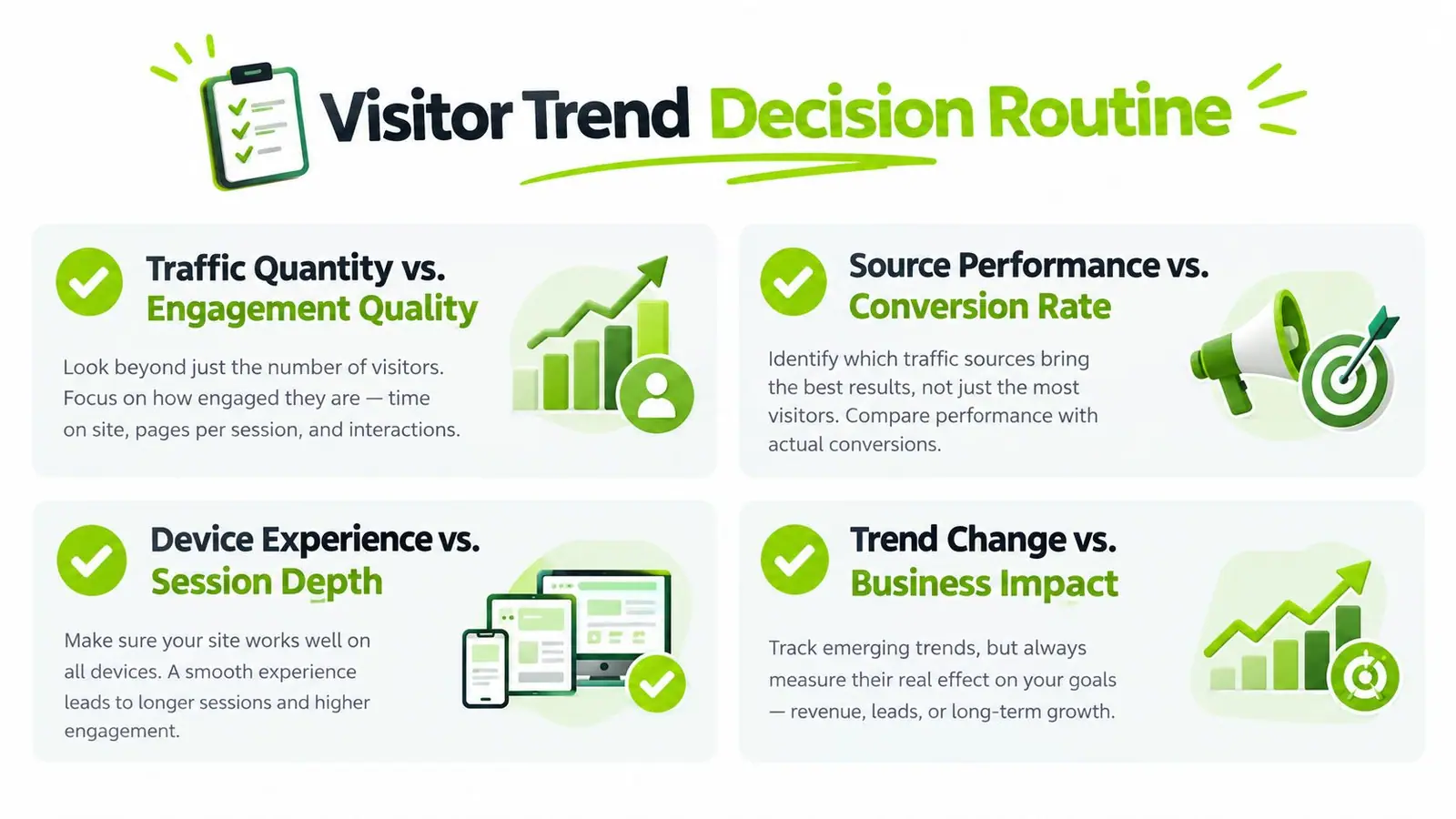 An infographic titled Visitor Trend Decision Routine detailing four key metrics for analyzing website traffic and performance.