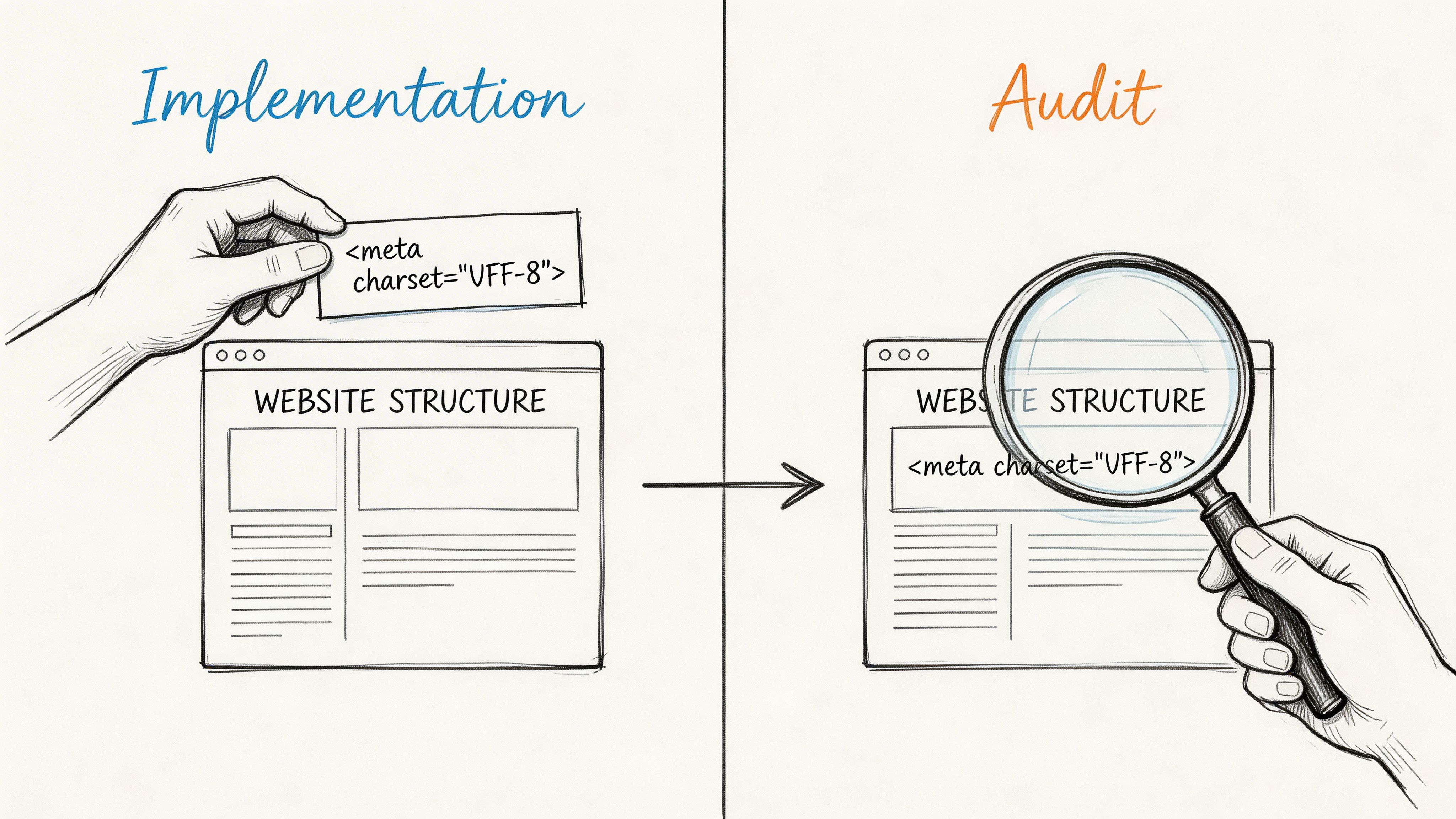 A conceptual sketch illustrating the process of implementing website metadata and performing a subsequent SEO audit.