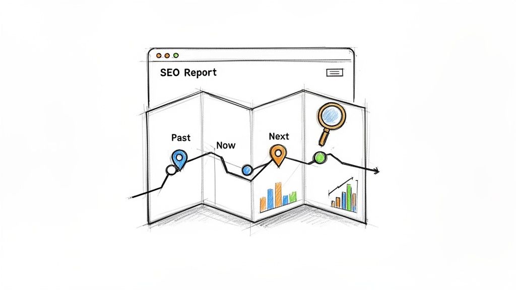 Sketch of an SEO report showing past, present, and future trends with a magnifying glass.