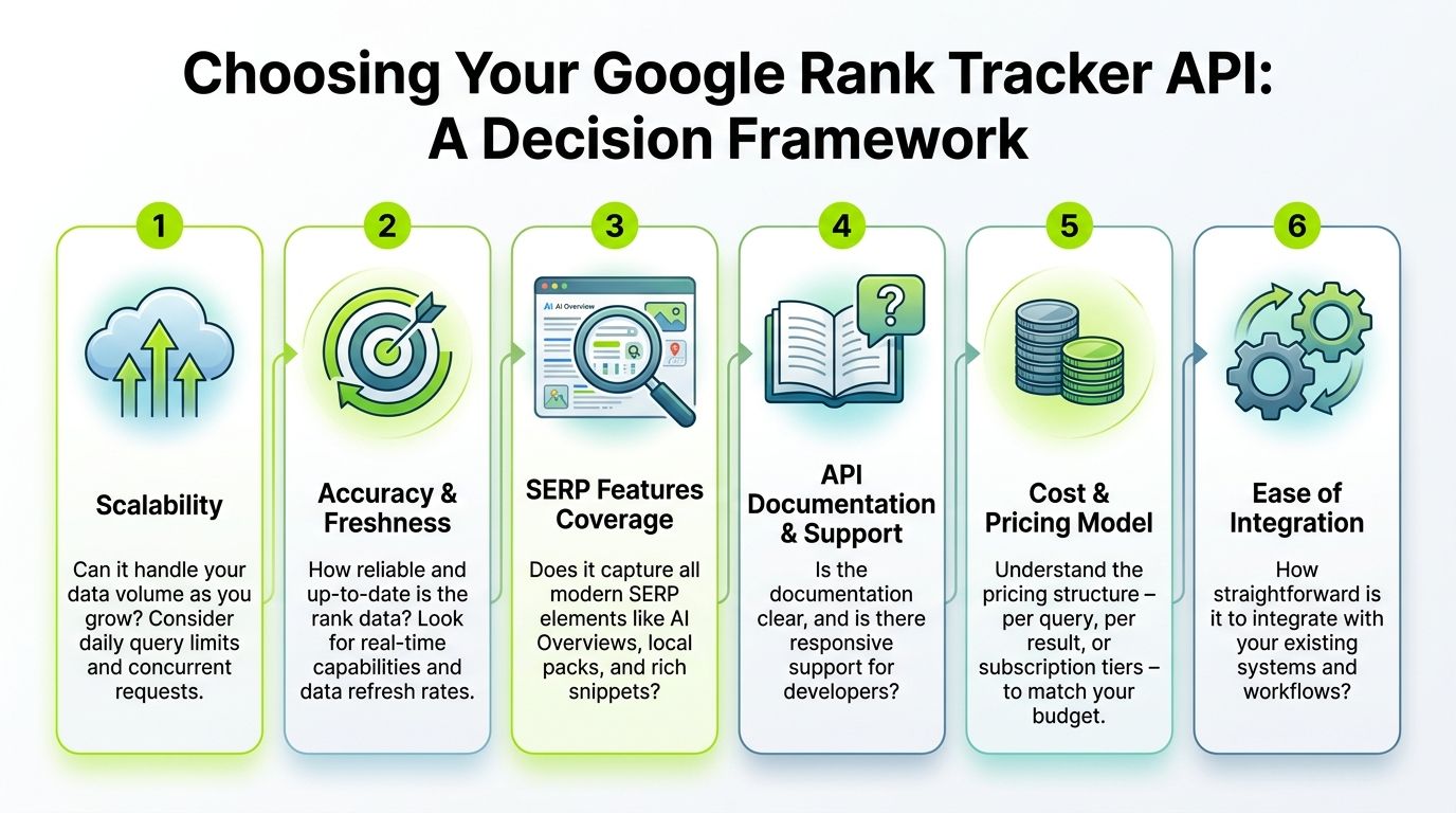 A decision framework infographic for choosing a Google Rank Tracker API with six numbered key steps.
