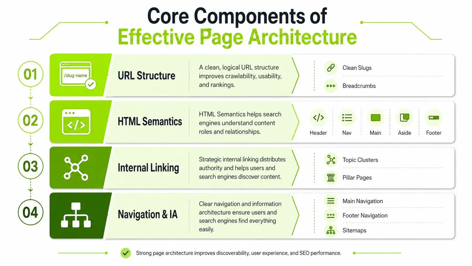 An infographic detailing four core components of effective web page architecture including URL structure, HTML semantics, internal linking, and navigation.