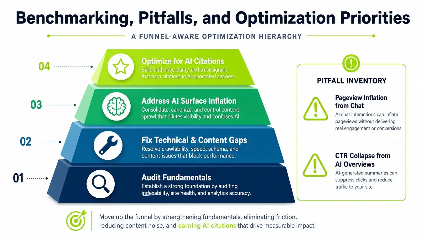 A four-level hierarchy chart explaining optimization priorities for AI search visibility, site health, and performance strategy.
