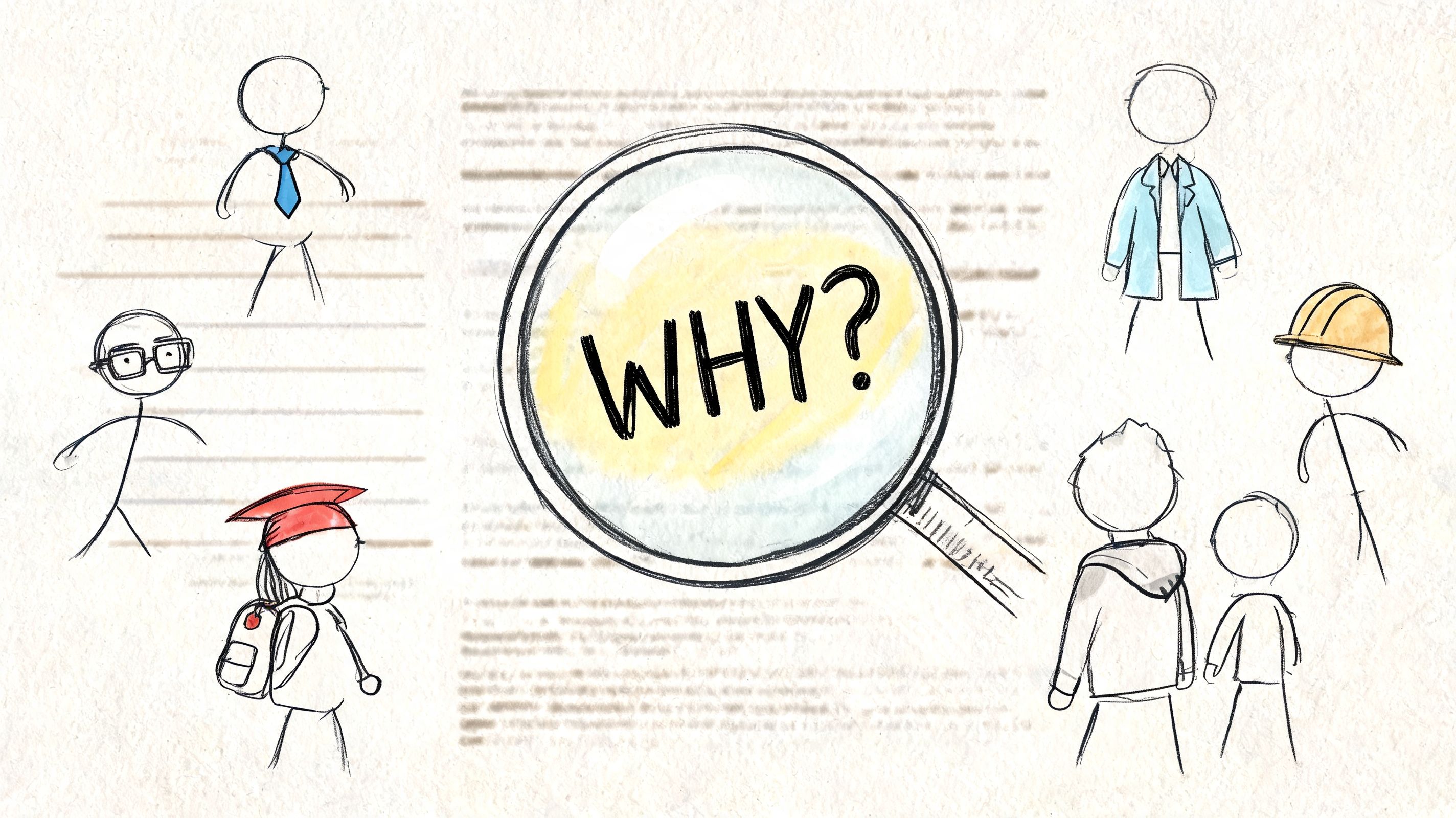 A magnifying glass held over the word WHY surrounded by sketched diverse professional and academic characters.