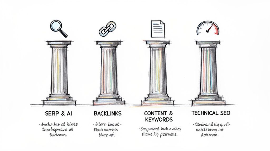 An illustration of four pillars symbolizing key SEO strategies: SERP & AI, Backlinks, Content, and Technical SEO.