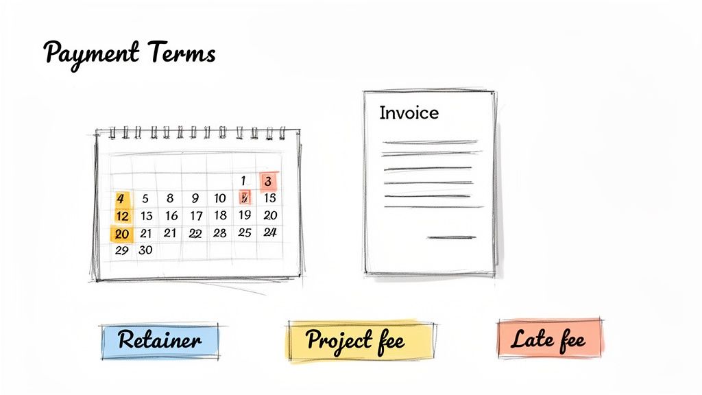 An illustration of payment terms, showing a calendar, an invoice, and boxes for retainer, project fee, and late fee.