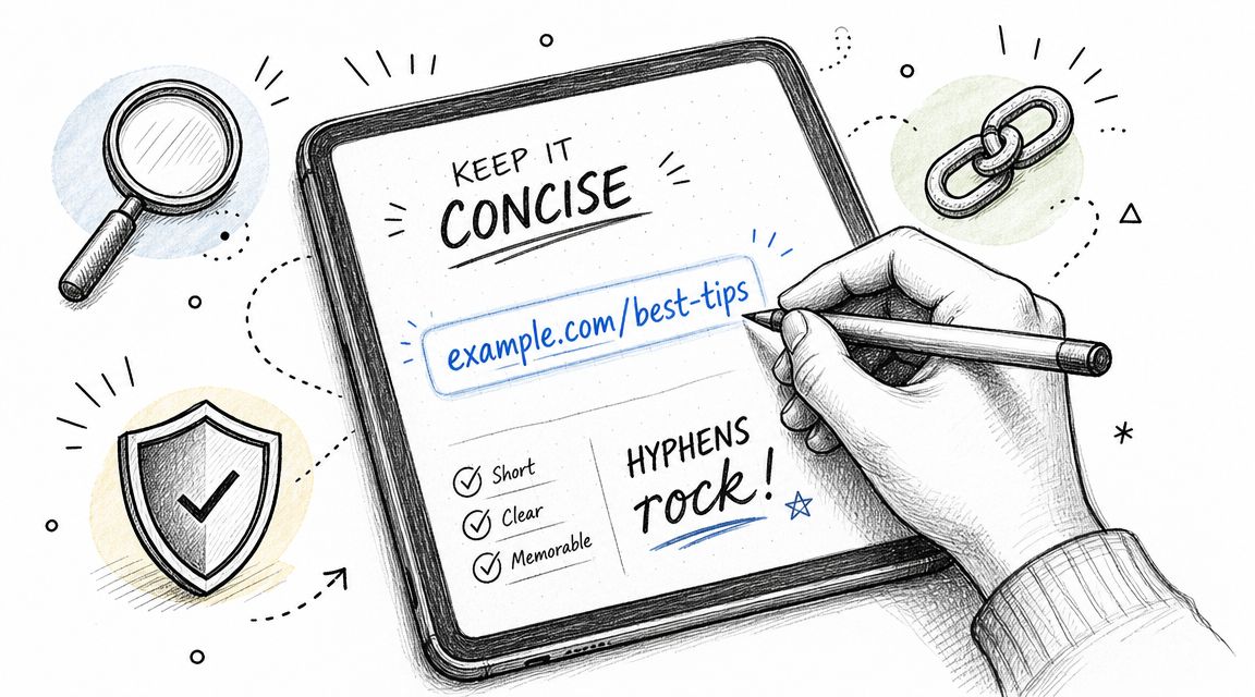 A hand drawing a concise URL with hyphens on a tablet screen, surrounded by SEO icons.