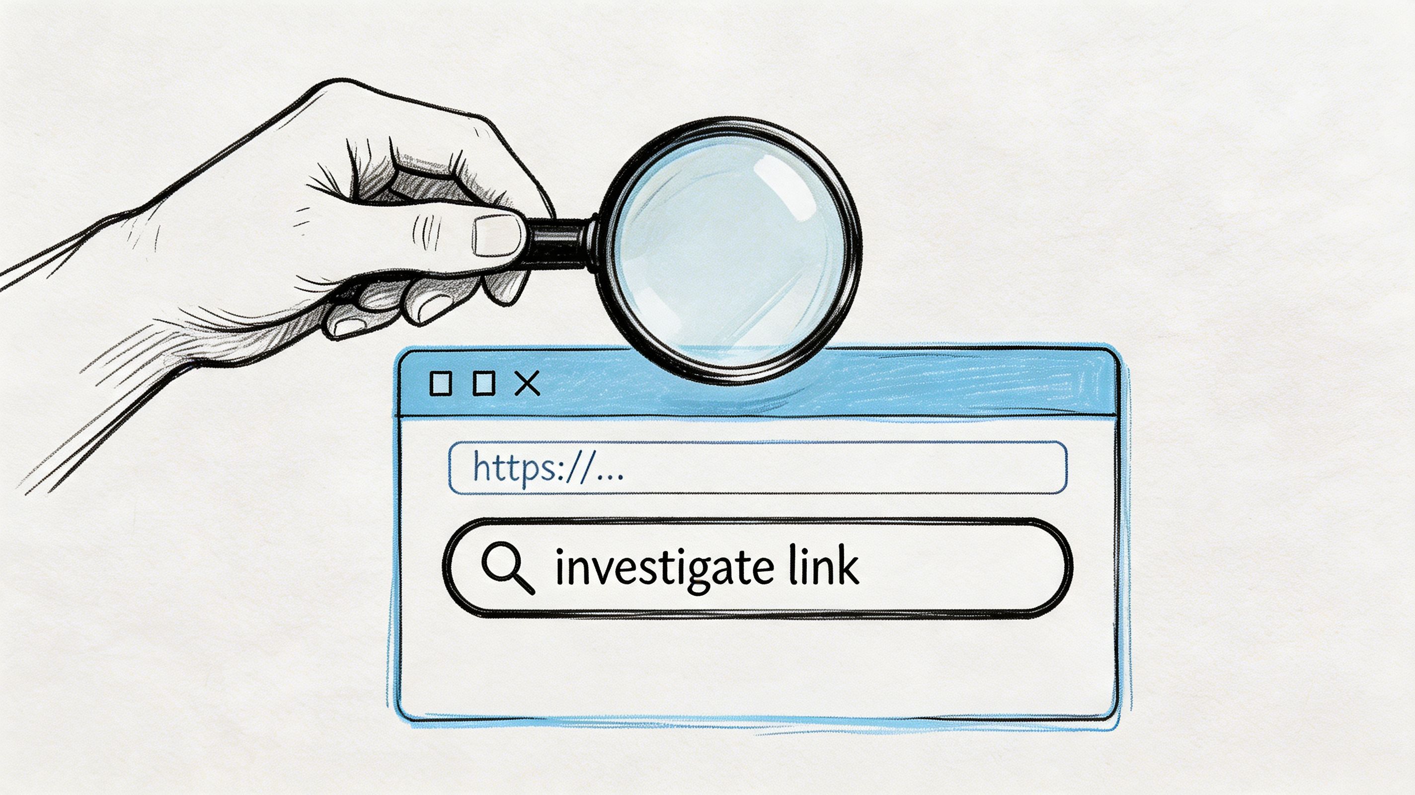 A hand holding a magnifying glass over a browser window with a search bar about links.
