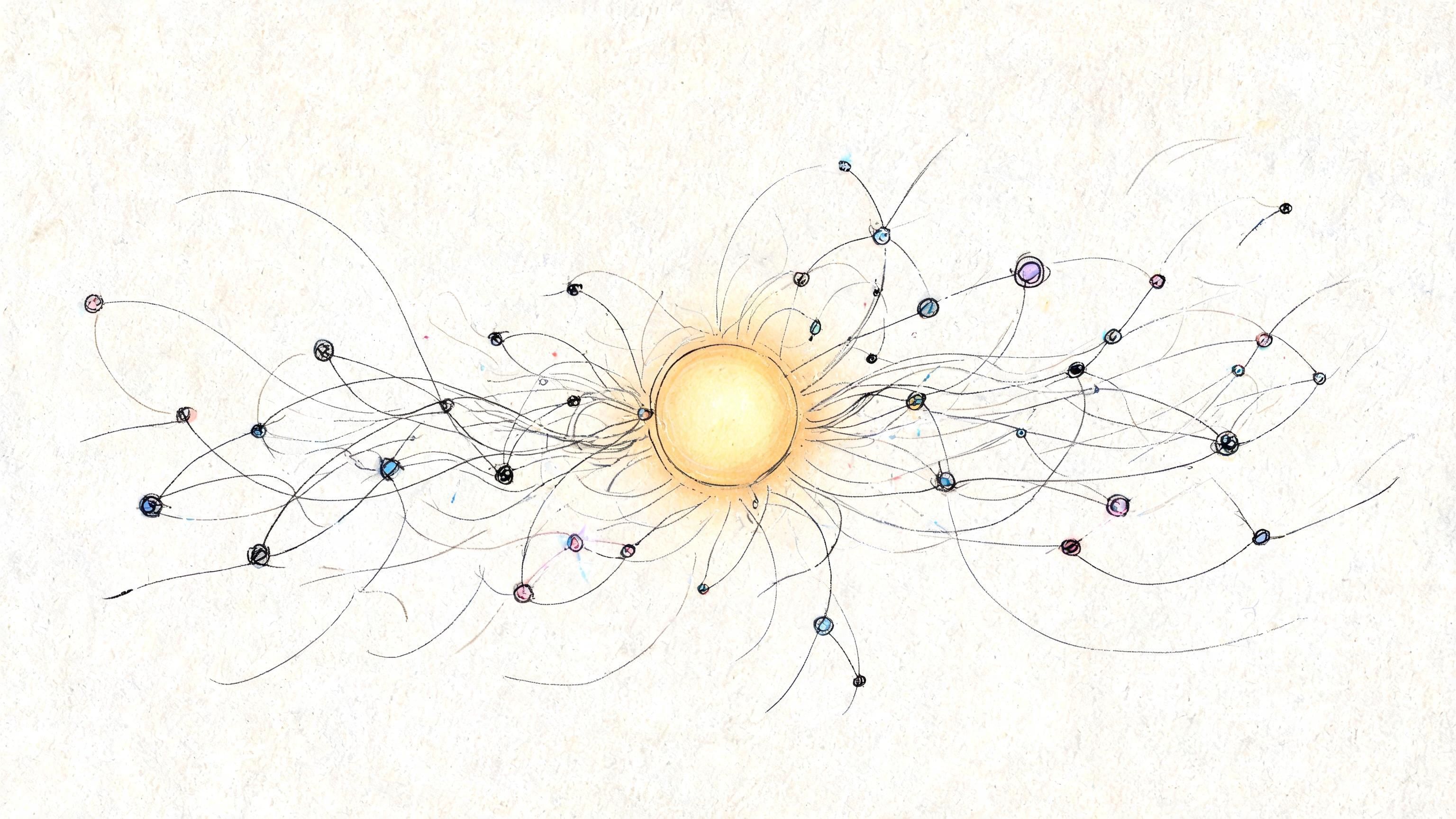 A conceptual hand-drawn sketch of a central glowing sun connected to numerous orbiting points via lines.