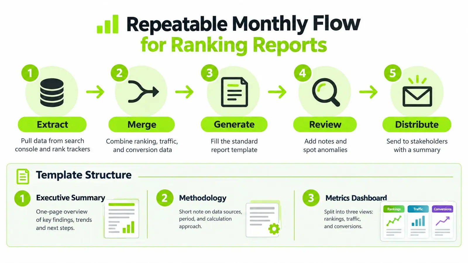 A five-step flowchart illustrating a repeatable monthly process for creating professional website ranking reports for stakeholders.