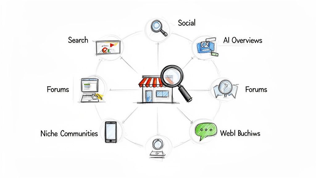 Diagram showing a store being analyzed through search, social, AI overviews, forums, niche communities, and web channels.