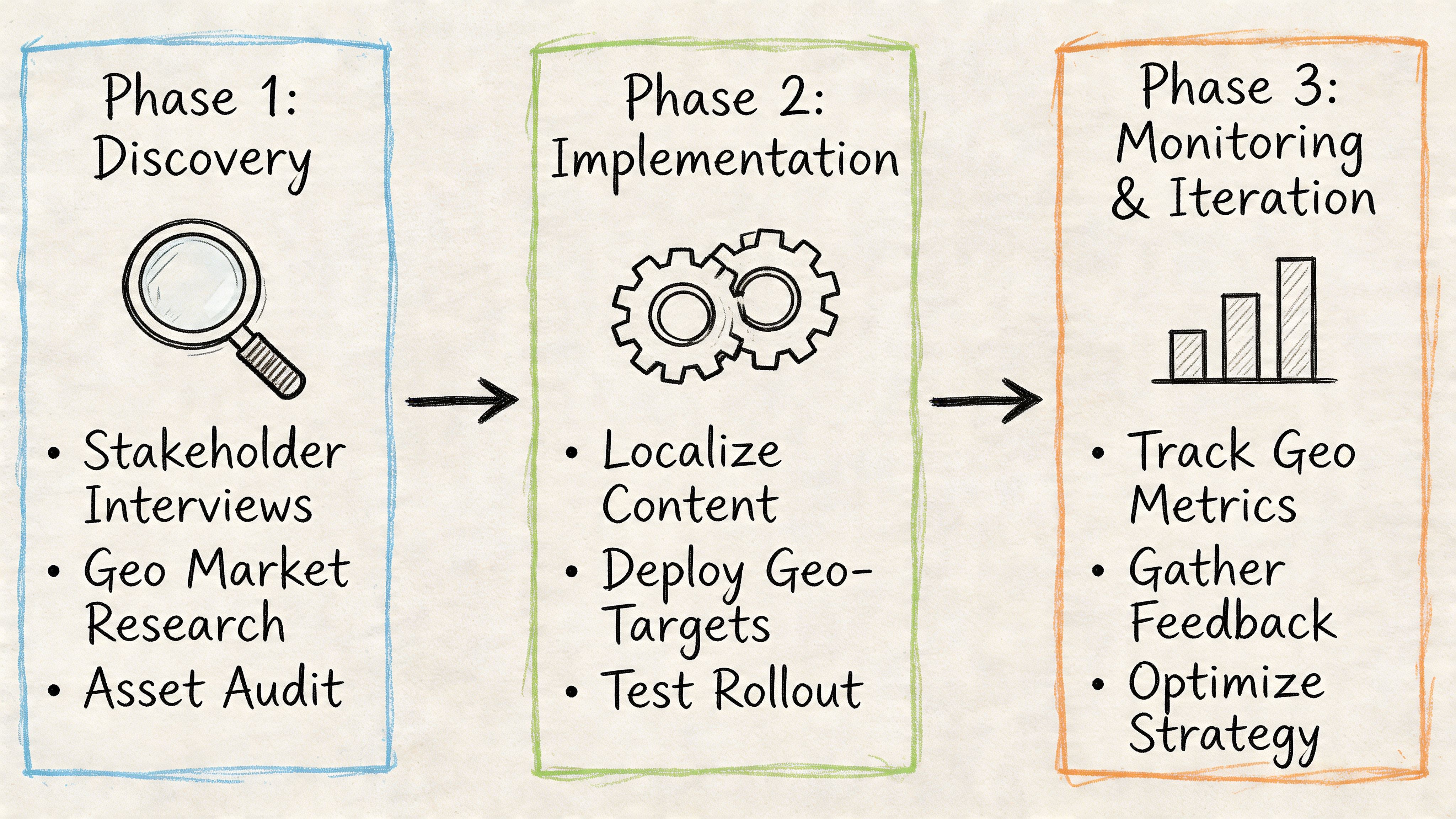 A three-phase process diagram showing Discovery, Implementation, and Monitoring for geo-based strategy development.