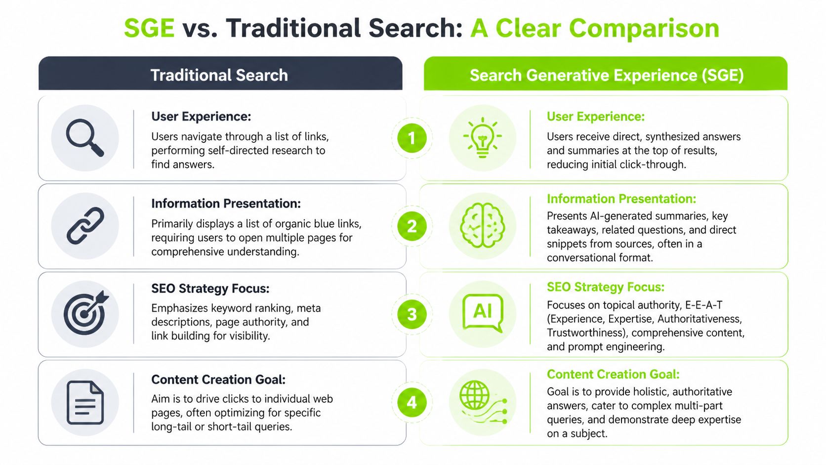 A comparison chart highlighting the key differences between traditional search engines and Search Generative Experience AI.