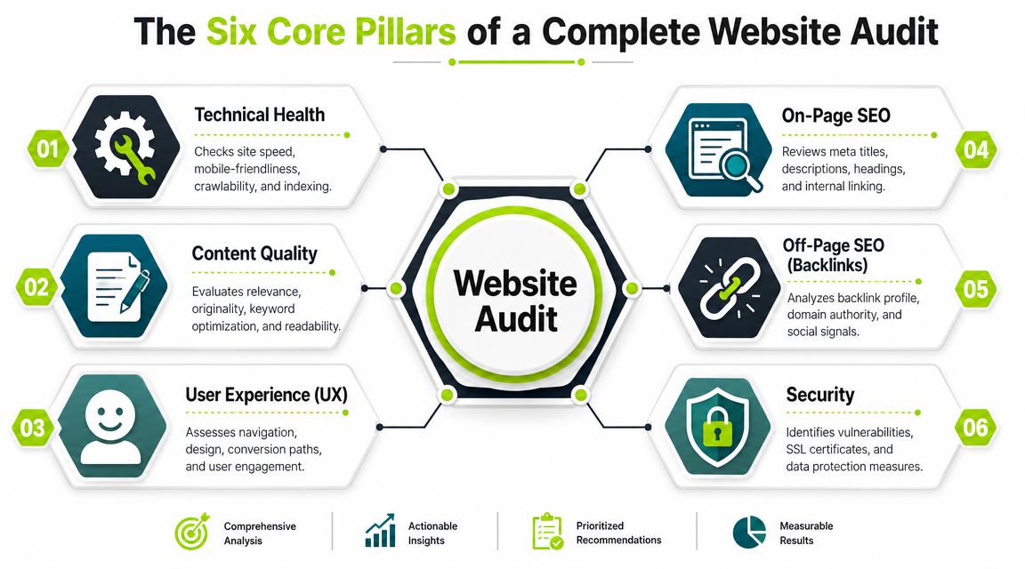 An infographic showing the six core pillars of a comprehensive website audit including technical, content, and security aspects.