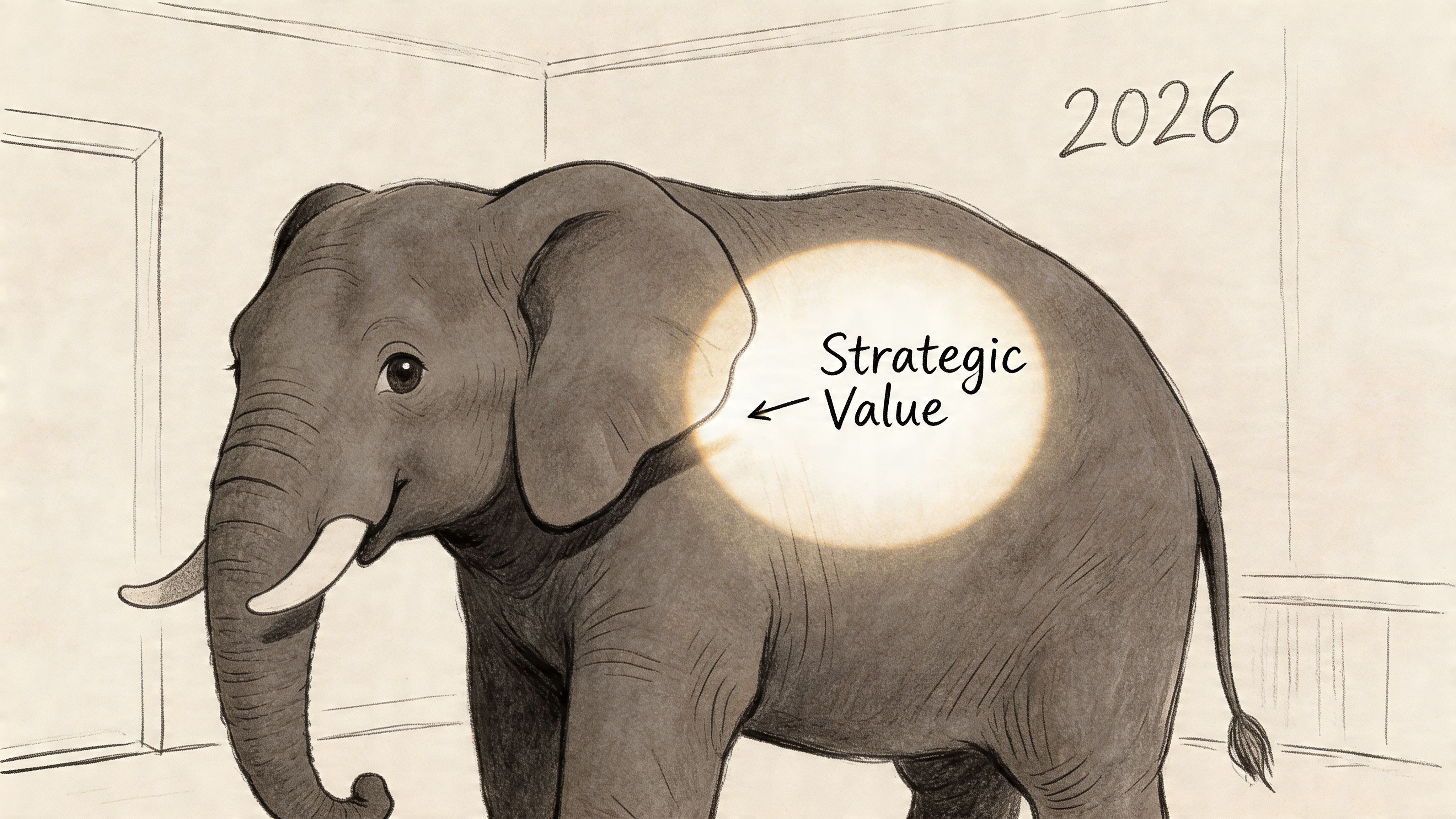 A hand-drawn illustration of an elephant with the words Strategic Value illuminated on its side.