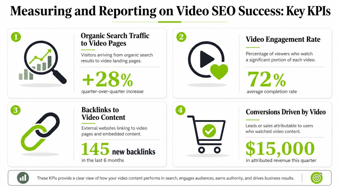 An infographic showing four key performance indicators for measuring and reporting on successful video marketing SEO strategies.