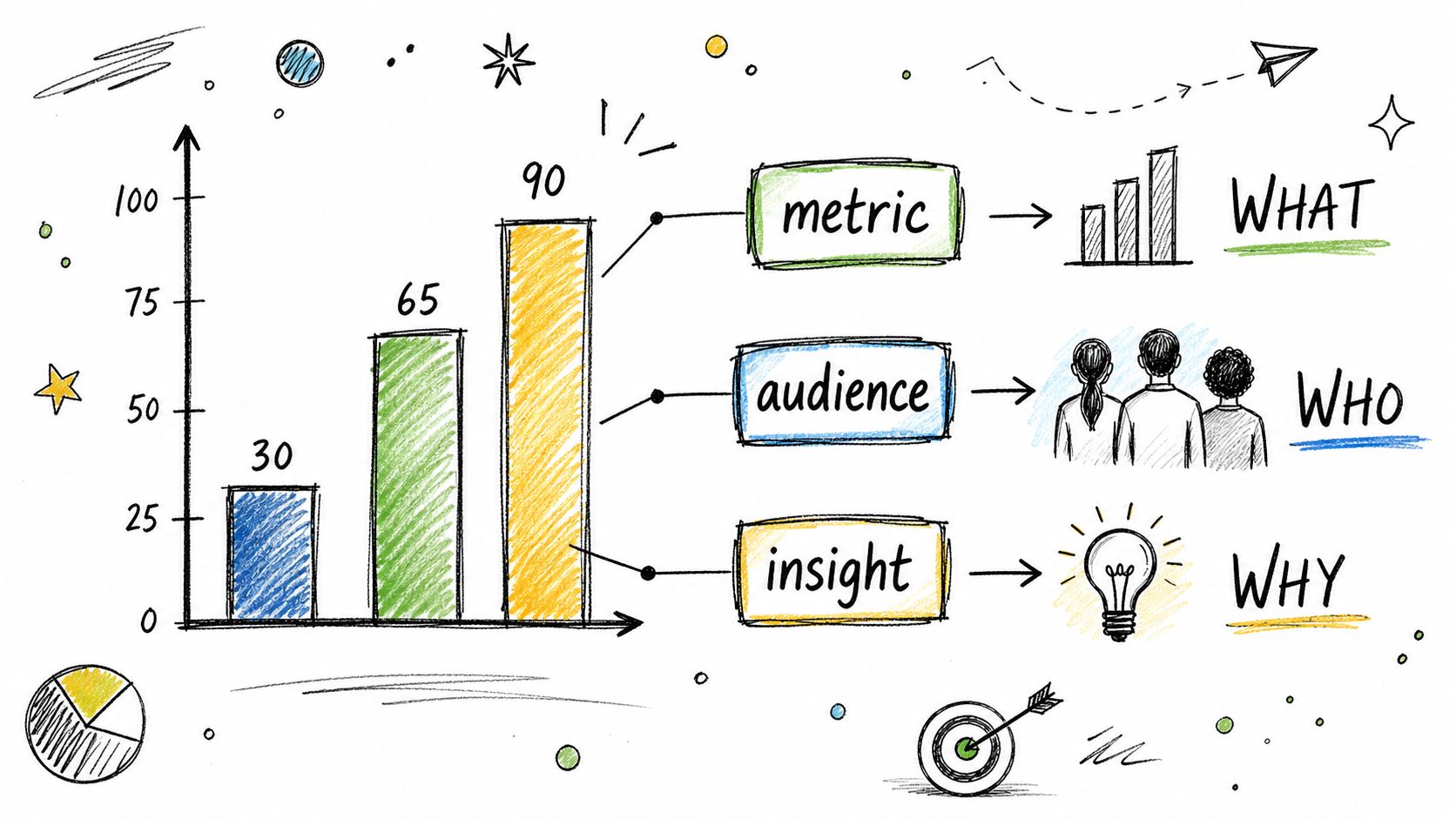 A hand-drawn illustration showing a bar chart with metrics, audience demographics, and strategic insights explained visually.