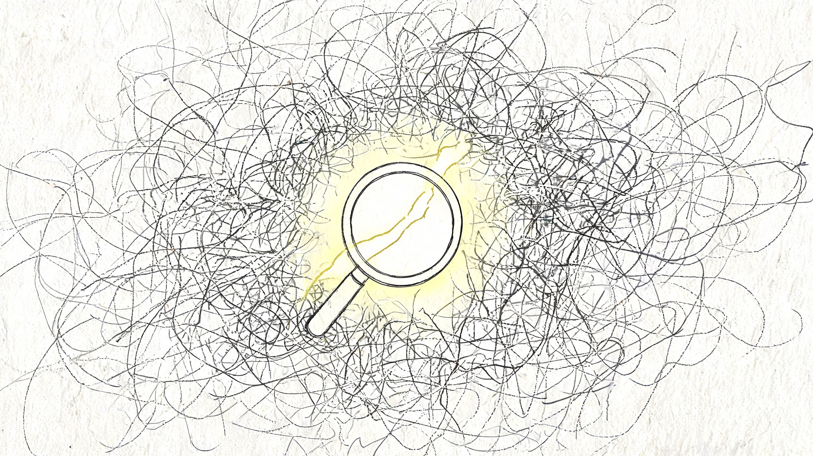 A magnifying glass focusing on a tangled chaotic web of lines, representing search and clarity.