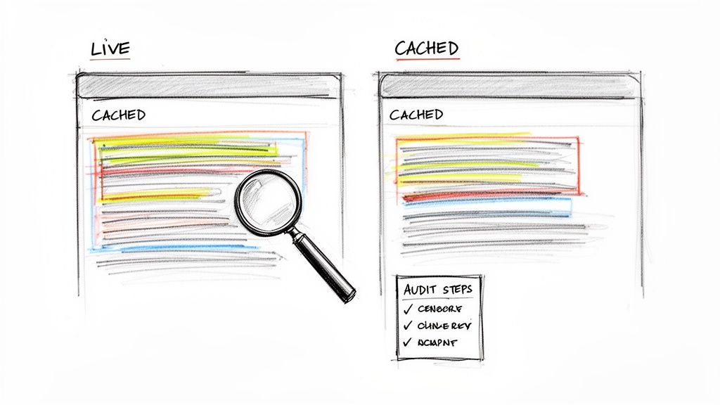 Hand-drawn sketch comparing live and cached web content with a magnifying glass and audit steps checklist.