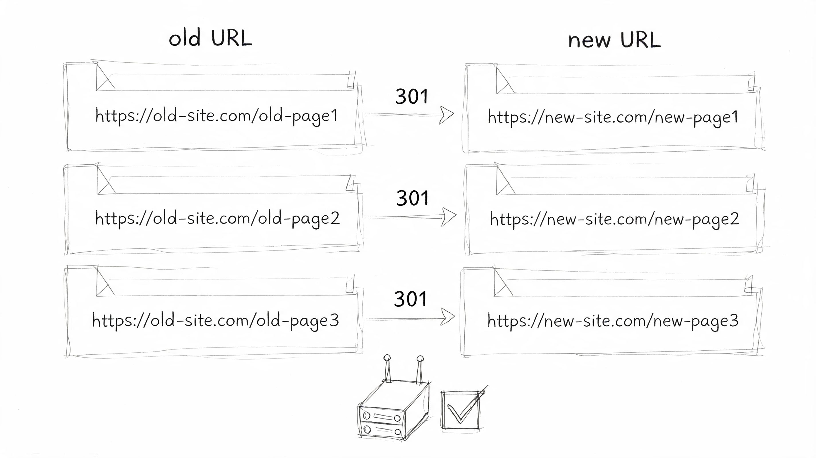 A diagram illustrating the 301 permanent redirect process from old website URLs to new website URLs.