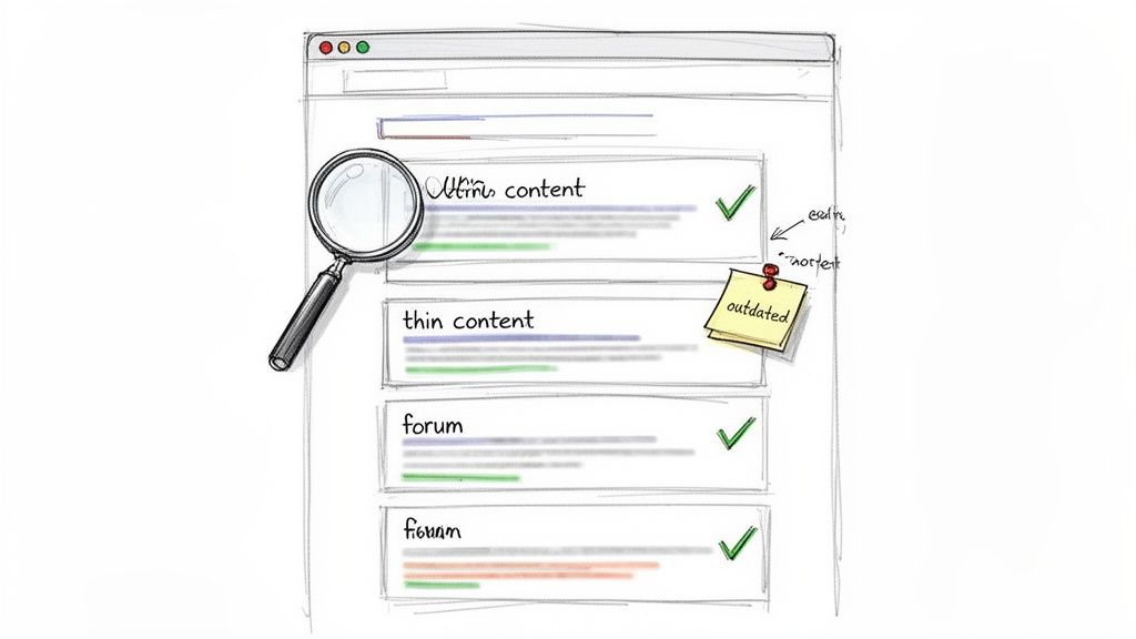 A magnifying glass examining search results, showing 'Ulta content', 'thin content', and 'forum' entries with notes on quality.