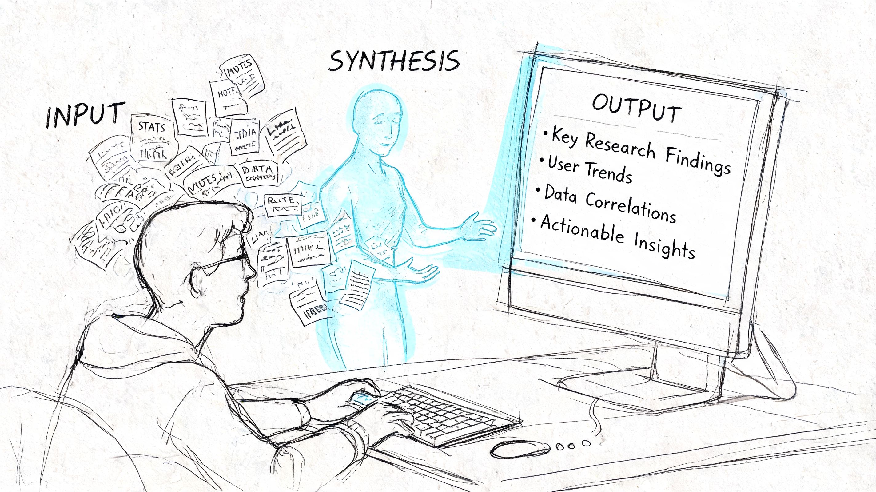 A digital sketch showing a person researching data, processed into insights by a human-like silhouette on screen.