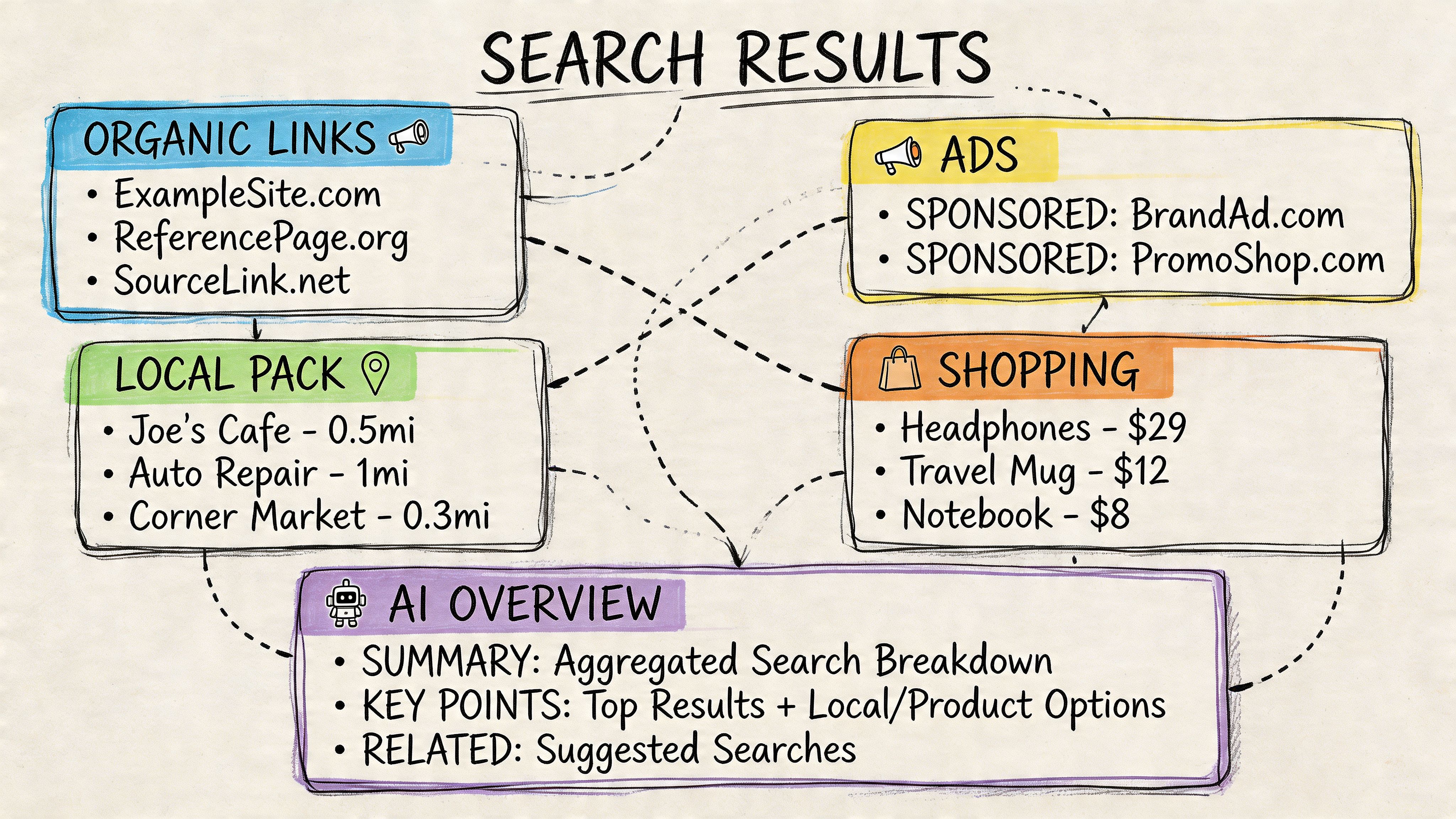An infographic visualizing different components of search results including organic links, ads, shopping, local packs, and AI.