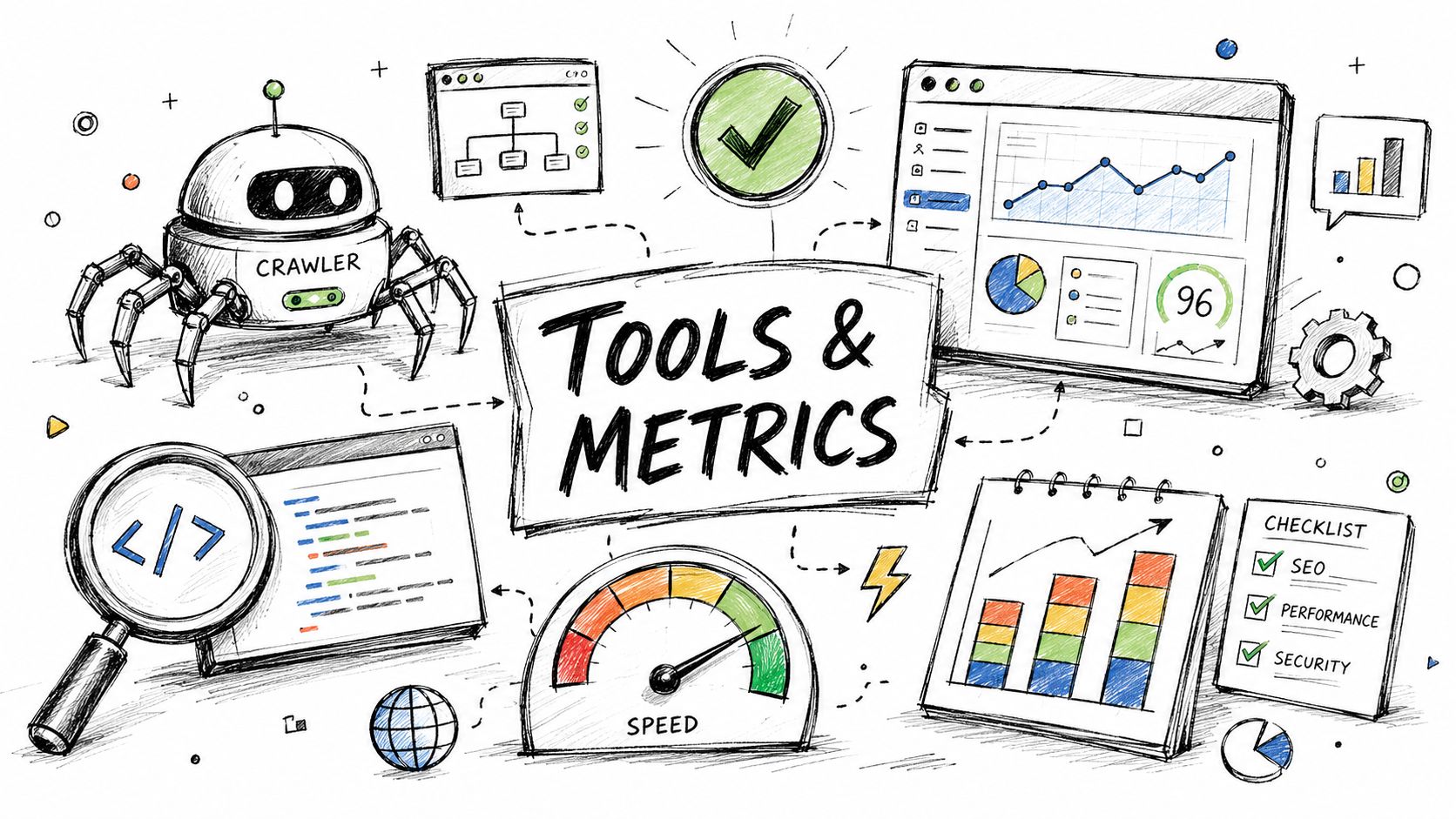 A hand-drawn illustration depicting website audit tools, performance metrics, SEO, speed gauges, and technical analysis icons.