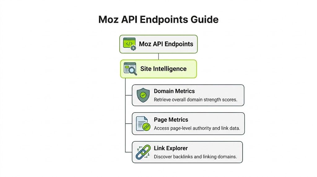 A diagram illustrating the Moz API Endpoints hierarchy, specifically focusing on Site Intelligence and its core functions.