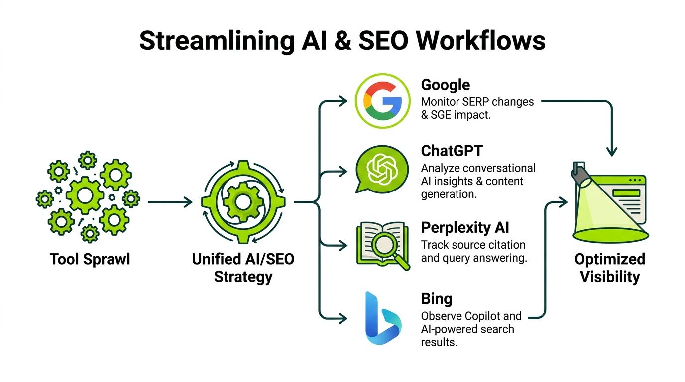 A diagram illustrating how to streamline AI and SEO workflows into a unified strategy for better visibility.