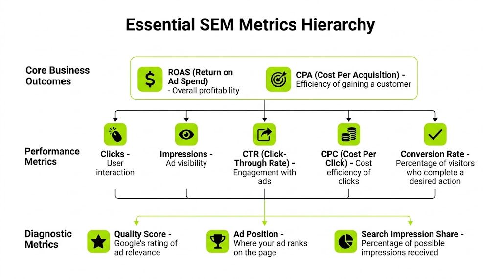 A hierarchical chart illustrating the structure and relationship of essential search engine marketing performance metrics.