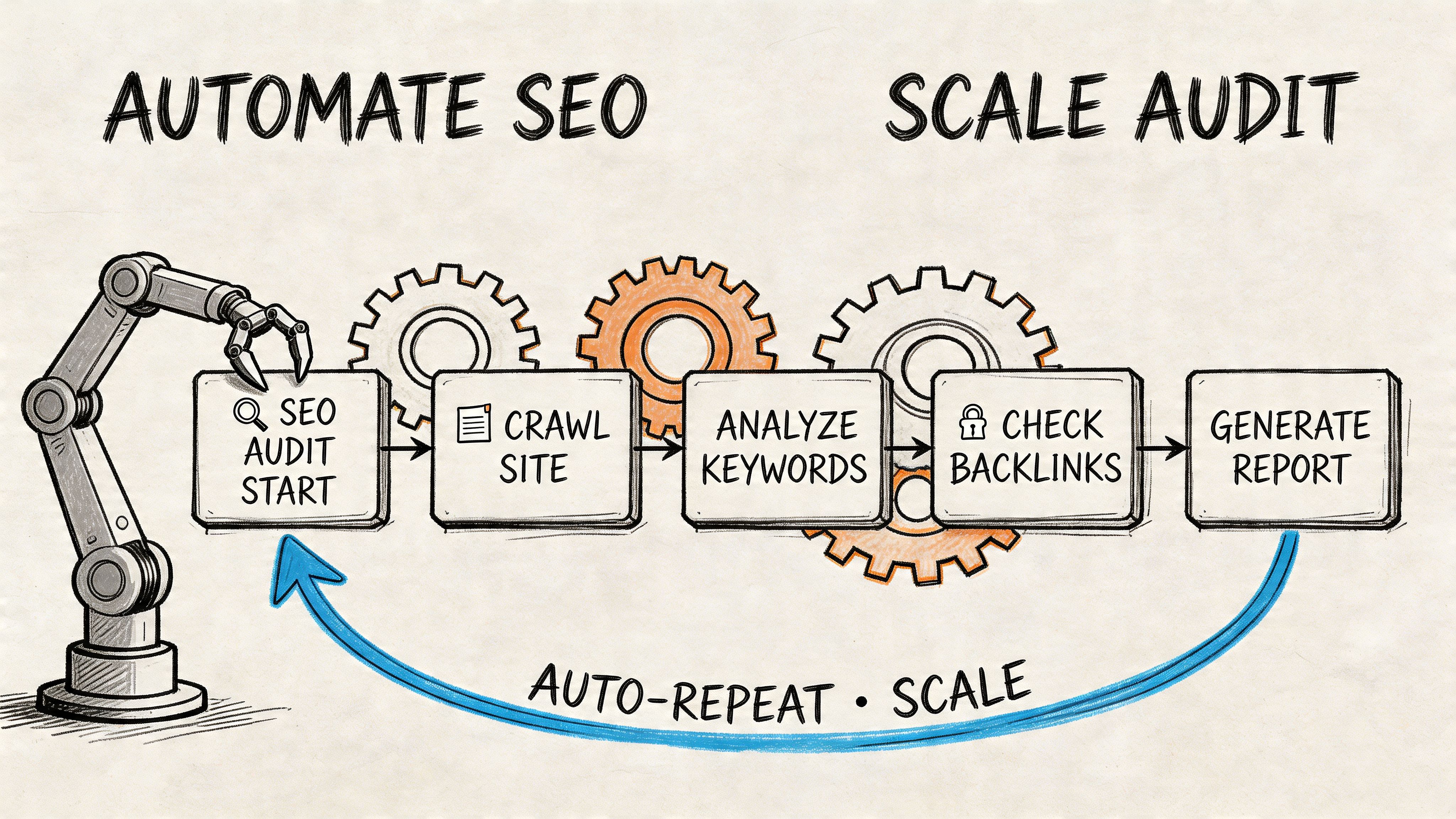 An illustrative diagram showing a robotic arm automating an SEO audit process through a repeatable cycle.
