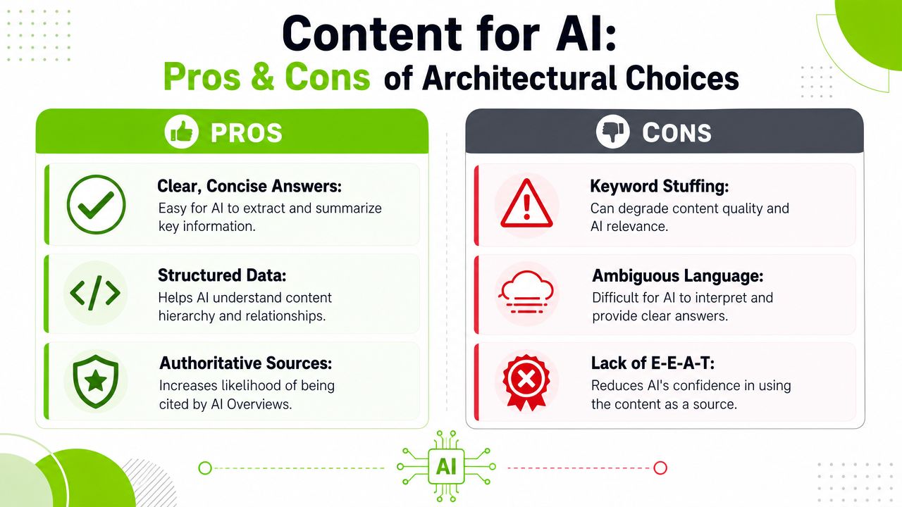 An infographic showing pros and cons of architectural choices for AI content optimization and visibility.