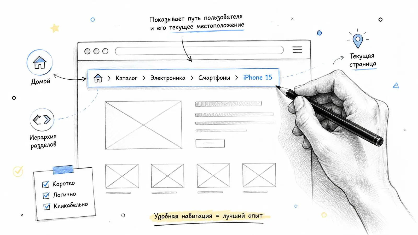 A hand-drawn illustration depicting breadcrumb navigation on a website design with arrows pointing to key navigational components.