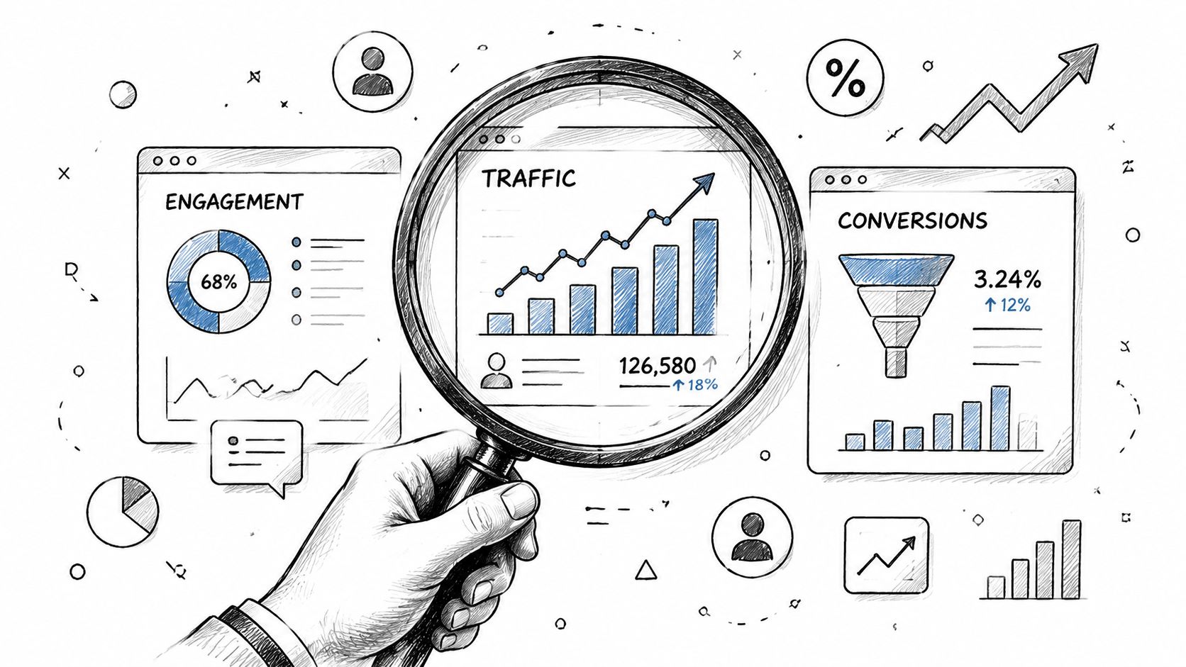 A hand holding a magnifying glass over a digital dashboard showing traffic growth, engagement, and conversion metrics.