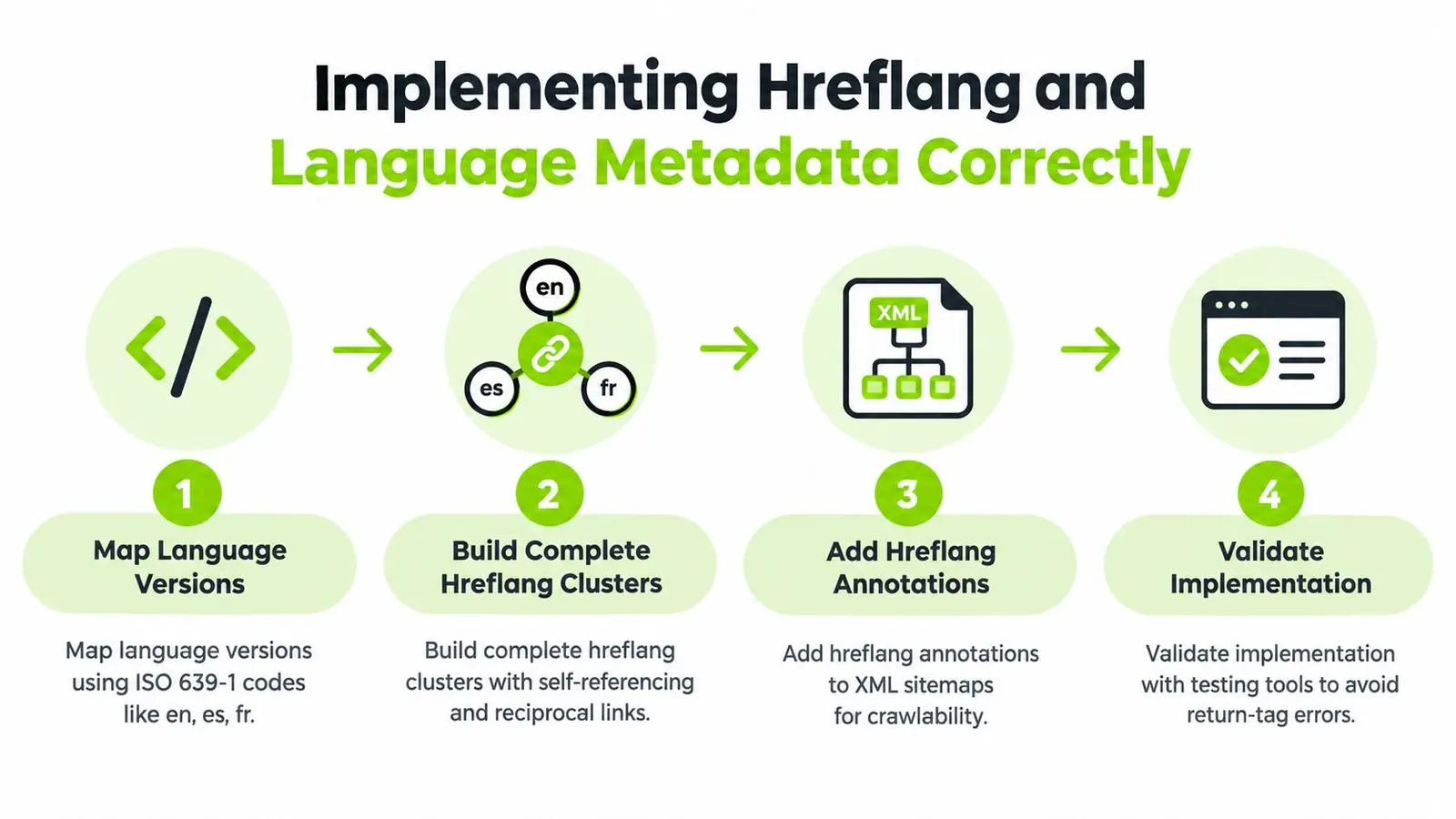 A four-step infographic illustrating the process for correctly implementing hreflang and language metadata for multilingual websites.